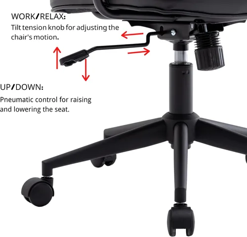 Miniatura 8 de LukeAlon Silla de escritorio ajustable de piel sintética, silla giratoria de 360° negra con reposabrazos, asiento grueso, botones y ruedas