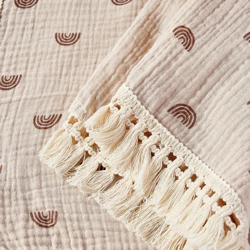 Miniatura 6 de Manta de muselina de algodón insular para bebé con borla, manta de muselina boho bohemio para bebé con borla, manta de recepción para bebé con Arco