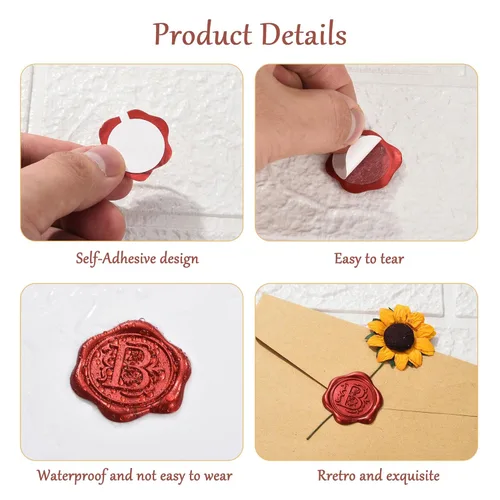 Miniatura 4 de Yoption 50 calcomanías adhesivas para sellos de cera con letra roja metálica, sellos de sobre, sellos de sobre, calcomanías de cera autoadhesivas