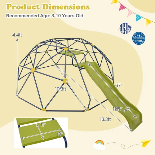 Miniatura 7 de HONEY JOY Cúpula de escalada con tobogán ondulado, barra de mono de gimnasio de la selva de 13.3 pies para patio trasero, juguetes de escalada al
