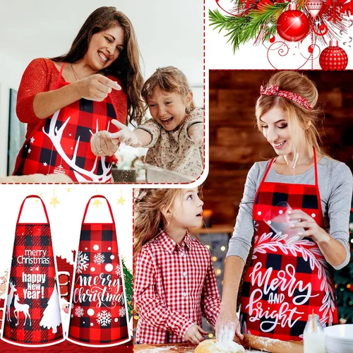 Miniatura 4 de Suhine 12 delantales de Navidad a granel rojo y negro a cuadros, delantales rústicos ajustables de cocina con patrones y palabras para adultos