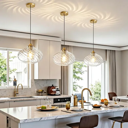 Miniatura 3 de Glass Pendant Lights Kitchen Island, 11'' Brass Gold Pendant Lighting Fixtures, Modern Hanging Ceiling Light with Striped Clear Glass Shade for