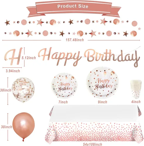 Miniatura 4 de Suministros de fiesta de cumpleaños de oro rosa para 20 invitados, pancarta de feliz oro rosa, guirnalda de puntos circulares con purpurina