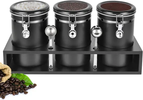 Miniatura 10 de Yangbaga Botes de café de acero inoxidable 304 para café molido, 2 recipientes de café de 63 onzas con estante de almacenamiento de granos de café