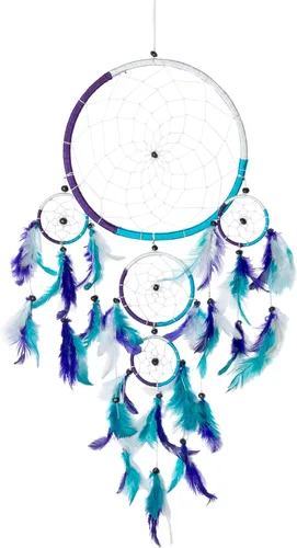 Miniatura 8 de OMA Atrapasueños – Colores tradicionales de tie-dye hechos a mano, plumas turquesa, morado y blanco – Tamaño grande – 9 pulgadas de diámetro y 30