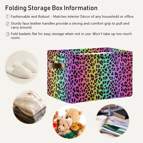 Miniatura 5 de Bolaz Cesta de almacenamiento grande con diseño de leopardo y arcoíris, plegable, con asas, para dormitorio, hogar, oficina