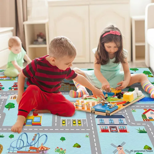 Miniatura 9 de Alfombra de coche para niños, 2 pies 7 pulgadas x 4 pies, alfombra de juego para trenes de autos de juguete, alfombra antideslizante para pista