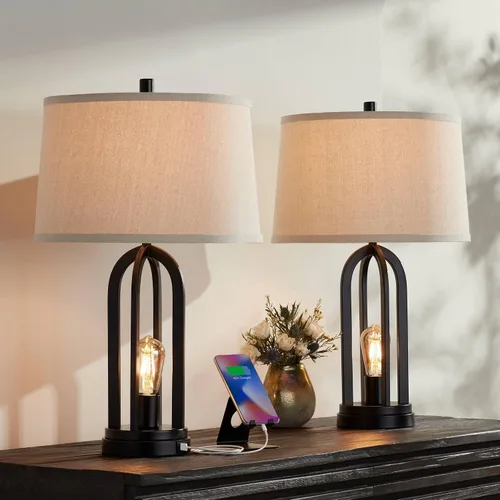 360 Lighting Marcel - Juego de 2 lámparas de mesa industriales modernas de 24 1/4 pulgadas de alto, con puertos USB, carga A+C, luz nocturna LED,