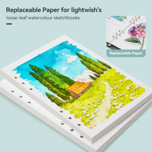 Miniatura 5 de LIGHTWISH Papel de acuarela a granel, 100% algodón prensado en caliente 300gsm/140lb, paquete de 2, total 40 hojas A5 con agujeros perforados, papel