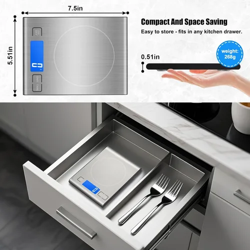 Miniatura 3 de Diyife - Báscula de alimentos recargable de 33 libras, báscula digital de cocina de acero inoxidable 304 con 3 botones, peso gramos y onzas