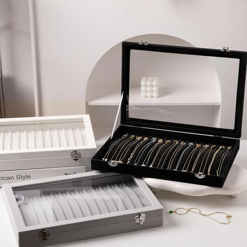 Miniatura 6 de Frebeauty Bandeja para collares de terciopelo con 15 ganchos, organizador de collares con tapa transparente, con cerradura, caja organizadora