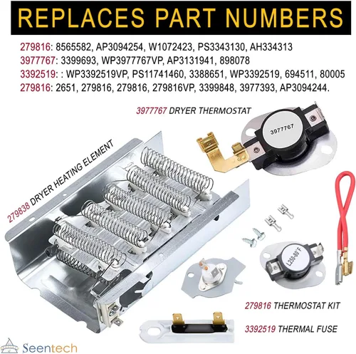 Miniatura 4 de Seentech Elemento calefactor para secadora 279838 y fusible térmico 3392519 y termostato de secadora 279816 3977767 - Compatible con secadora