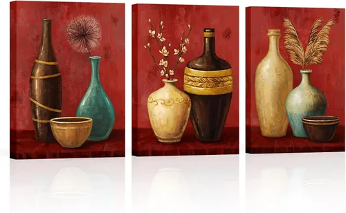 Miniatura 7 de sechars Arte de pared vintage con florero, flores de granja, pintura de hierba de las pampas, lienzo, cuadros de lienzo, arte estético retro marrón