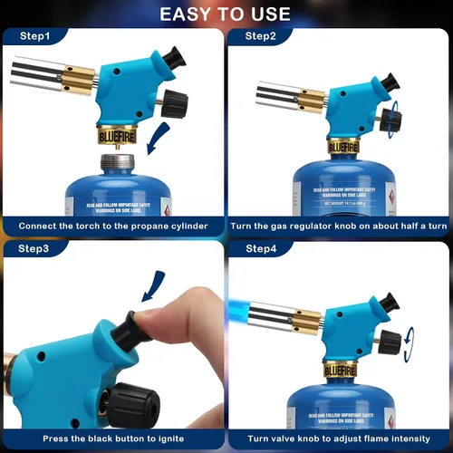 Miniatura 4 de BLUEFIRE Kit de antorcha ciclón portátil con cilindro MAPP, cabezal de disparo con botón de presión, combustible de gas propano MAPP MAP PRO