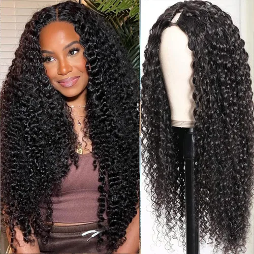 Miniatura 24 de Pelucas de Raya en V Rizadas con Forma de V para Mujeres Negras, Sin Mechas Fuera, Mejora de Raya en U, Sin Pegamento, Peluca Completa con Clip