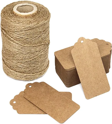 Cordel de yute natural de 300 pies y 100 etiquetas de regalo rectangulares de papel kraft marrón para manualidades y etiquetas de precios Blisstime