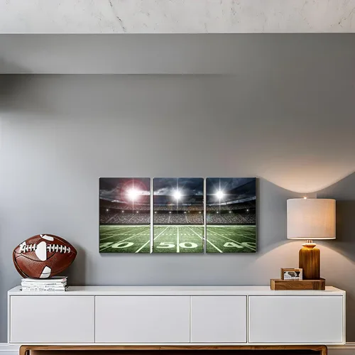 Miniatura 4 de TAOMI Lienzo decorativo para pared de rugby Field Match Sport Spot Light para habitación de los niños, dormitorio, 3 piezas, arte moderno, fútbol