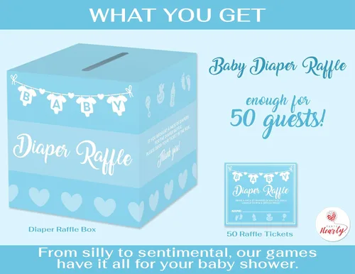 Miniatura 2 de Party Hearty - Boletos y caja para rifas de pañales, juego de baby shower, color azul 50 boletos de rifa, caja de tarjetas de boletos para rifas