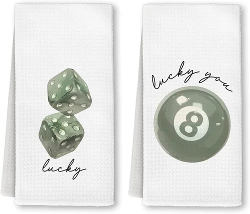 Toallas de cocina de moda verde salvia, Funky Retro Lucky Dice 8 bolas de mano, toalla de cocina verde salvia para decoración de cocina y baño,