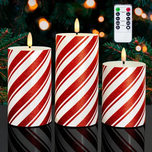Velas LED de pilar con purpurina de rayas rojas, velas de cera real sin llama para Navidad, vacaciones, decoración de fiesta en el hogar, juego de 3