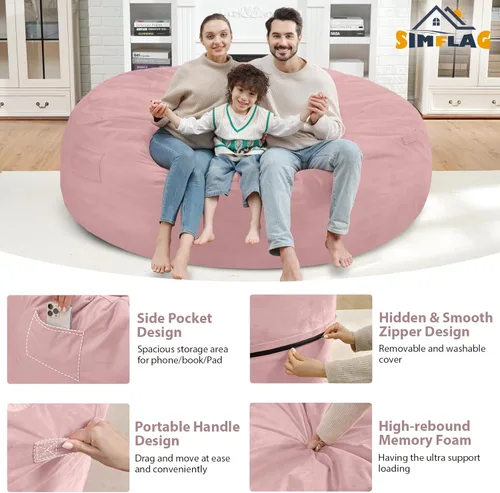 Miniatura 153 de Puf de 5 pies, puf grande con relleno de espuma viscoelástica, sofá puff esponjoso con funda de terciopelo holandés, puf redondo para sala de estar