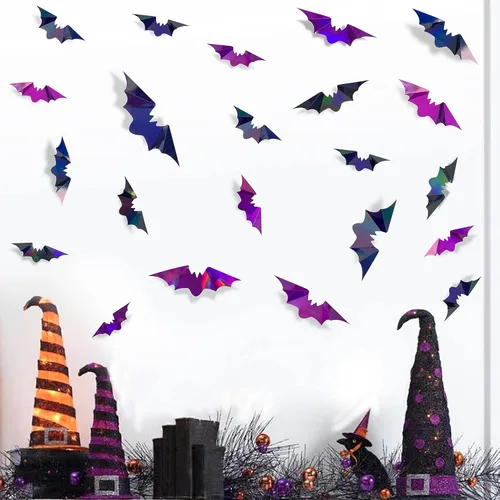 Miniatura 4 de 72 piezas de murciélagos para decoración de Halloween, murciélagos iridiscentes 3D, decoración de pared, papel holográfico negro y morado