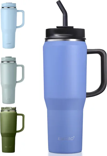 Miniatura 10 de EALGRO Botella de agua aislada de 40 onzas con popote y asa, frasco de agua deportivo de metal grande, taza de café de viaje de acero inoxidable