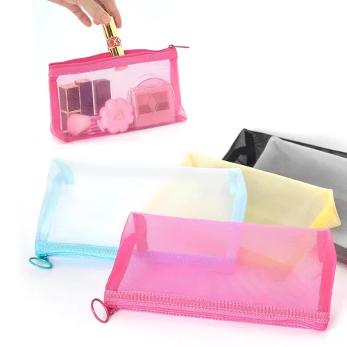 Miniatura 18 de patu Bolsas de malla con cremallera, estuche largo, 5 piezas, organizador de accesorios cosméticos de maquillaje de belleza, juego de artículos