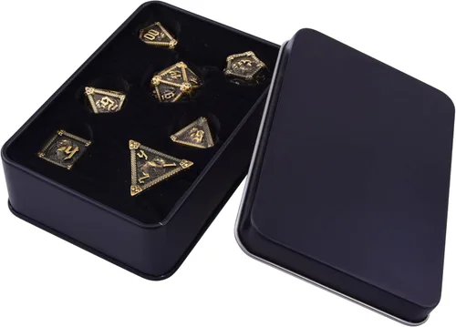 Miniatura 6 de AUSTOR Juego de dados de metal DND de 7 troqueles, juego de dados poliédricos de Calabozos y Dragones con caja D20 D12 D10 D% D8 D6 D4 para Bronce