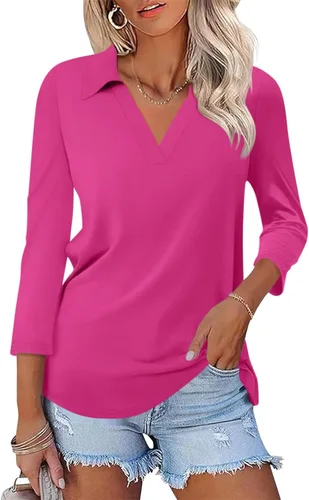 Miniatura 20 de TICTICMISS - Camisas polo de cuello en V para mujer, manga 3/4, con cuello, tops casuales de negocios, tops de verano a la moda, holgados