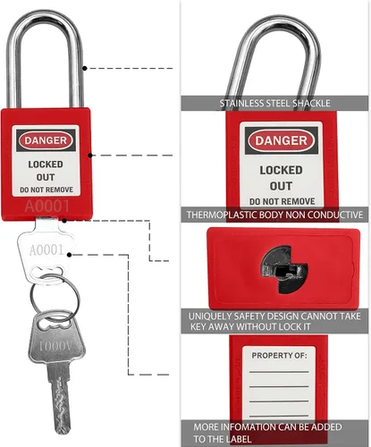 Miniatura 4 de SAFBY Loto - 7 candados de bloqueo diferentes con llave con 10 etiquetas de bloqueo, candados seguros para estaciones y dispositivos con 7 números