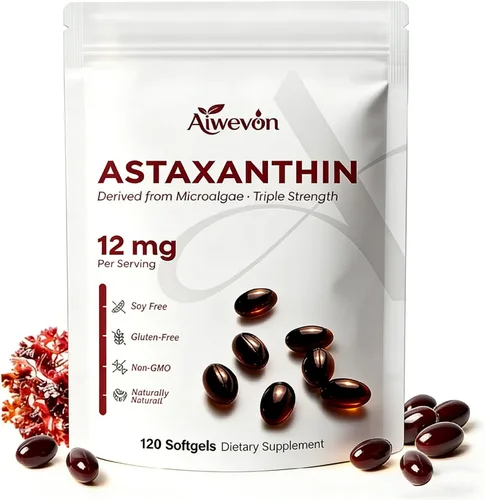 Suplemento de astaxantina de 12 mg de cápsulas blandas, astaxantina natural de microalgas con aceite MCT para absorción, potente apoyo antioxidante