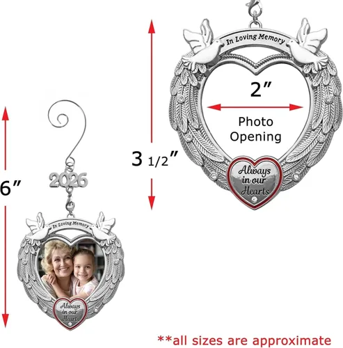 Miniatura 4 de Loving Memory - Adorno de foto de Navidad, incluye un dije fechado de 2025 y 2026, alas de ángel con palomas esmaltadas, joya de cristal