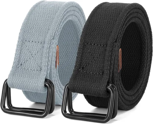 Miniatura 9 de JASGOOD Cinturones de tela de lona para hombre, cinturones casuales de tela con hebilla de doble anillo negro, paquete de 2