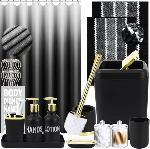 Miniatura 9 de XLHOMO Juego de accesorios de baño negro y dorado - 10 piezas de baño con papelera, dispensador de jabón, jabonera, soporte para cepillo de dientes