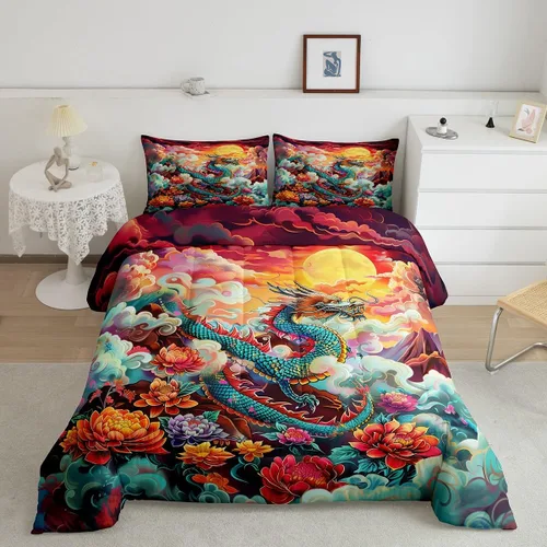 Miniatura 14 de Manfei Juego de edredón de flor de cerezo para niños, tamaño individual, juego de ropa de cama de animales salvajes con grúa Ukiyo-e japonés