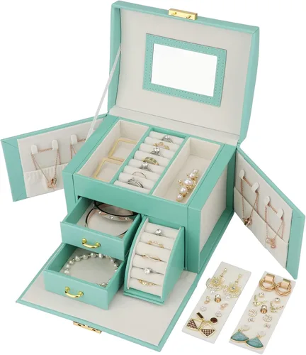 Miniatura 4 de Joyero multifunción con espejo 2 cajones y cerradura organizador de almacenamiento de piel sintética para pulseras aretes anillos collares relojes