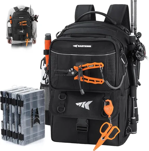 Miniatura 10 de KastKing BaitSpace 50L Mochila para equipo de pesca con encuadernador de cebo removible, 2 soportes para cañas, almacenamiento para equipo y H
