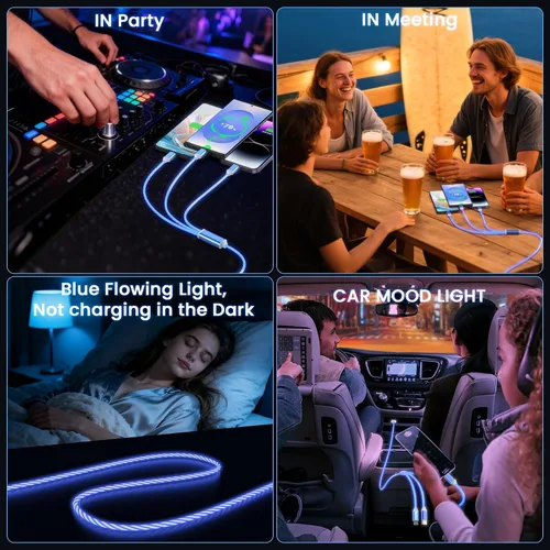 Miniatura 7 de Cable de carga con luz LED que fluye 3 en 1 Lightning/Type C/Micro USB brillante para automóvil para iPhone, cable de carga para automóvil azul
