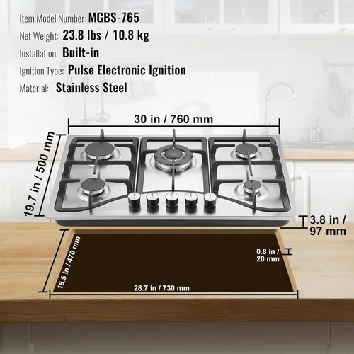 Miniatura 7 de Happybuy Cocina de gas de 30 pulgadas, estufa de gas integrada de 5 quemadores, estufa de gas convertible de 12250 BTU NG/LPG, protección