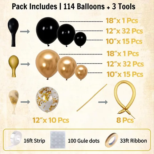 Miniatura 3 de Kit de arco de globos negros y dorados, 114 piezas de oro negro con confeti y globos largos para decoraciones de graduación 2026, cumpleaños