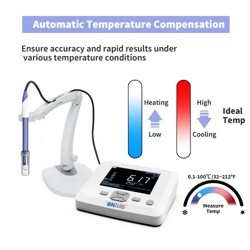 Miniatura 4 de ONiLAB Medidor de pH de laboratorio de sobremesa, precisión de pH 0,01, calibración automática de 1-3 puntos, pH 3 en 1/Electrodo de temperatura