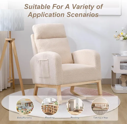 Miniatura 7 de Mecedora para Guardería con Patas de Madera Maciza, Silla Deslizante para Guardería con Bolsillo Lateral, Sillón Mecedor para Sala de Estar