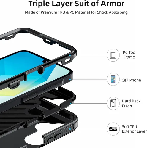 Miniatura 4 de Jiunai Funda para Samsung A16, a prueba de golpes, antipolvo, protección resistente, de doble capa, borde elevado, para exteriores, híbrida