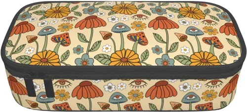 Miniatura 9 de Estuche organizador retro hippie de los años 70 con diseño de hongos florales de gran capacidad, papelería con cremallera, suministros escolares