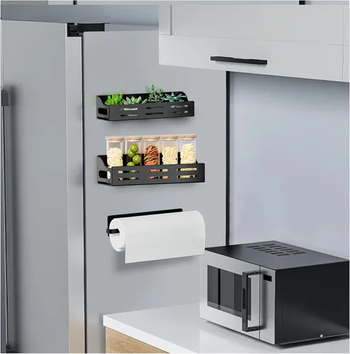 Miniatura 3 de Paquete de 3 estantes magnéticos para especias para refrigerador con soporte para toallas de papel, organizador magnético para refrigerador, estante