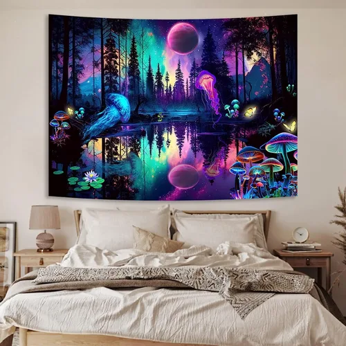 Miniatura 5 de Miytal Tapiz de medusas del bosque de fantasía, luz negra, colorido hongo, mariposa, para colgar en la pared, reflejo de luna reactiva a los rayos