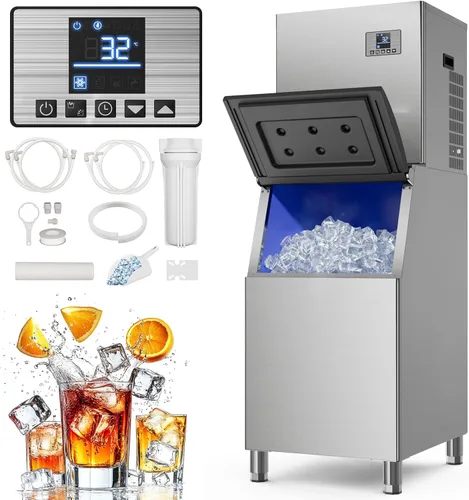 Máquina comercial para hacer hielo 650 libras/24 horas, 12 ajustes de grosor ajustable, almacenamiento de 400 libras, máquina de hielo comercial