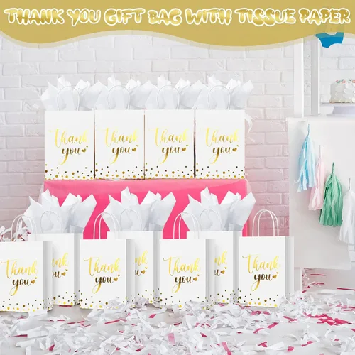 Miniatura 6 de Tinlade 12 bolsas de regalo de agradecimiento con papel de seda de lunares dorados, bolsas de agradecimiento con asa, recuerdos de fiesta para Blanco