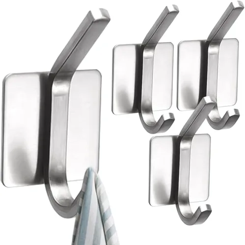 4 ganchos de pared autoadhesivos para colgar toallas y abrigos, colgador de doble gancho para pared, ganchos de toalla para baños, cocina A_plata